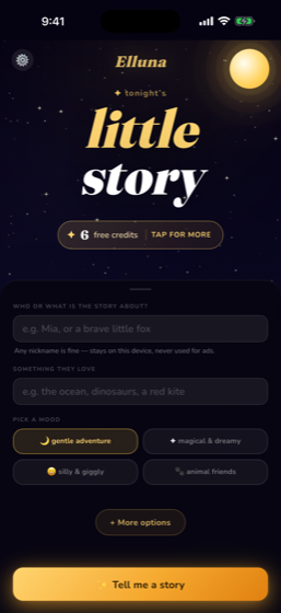 Elluna home screen — name your child, pick a mood, and a bedtime story unfolds