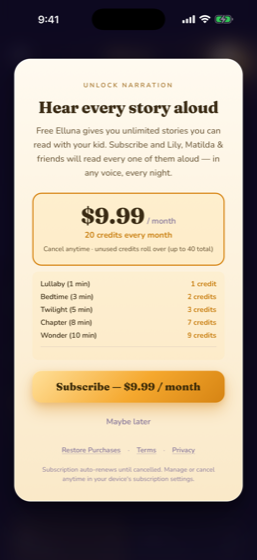 Elluna's clear, honest narration pricing — you see the cost before you tap
